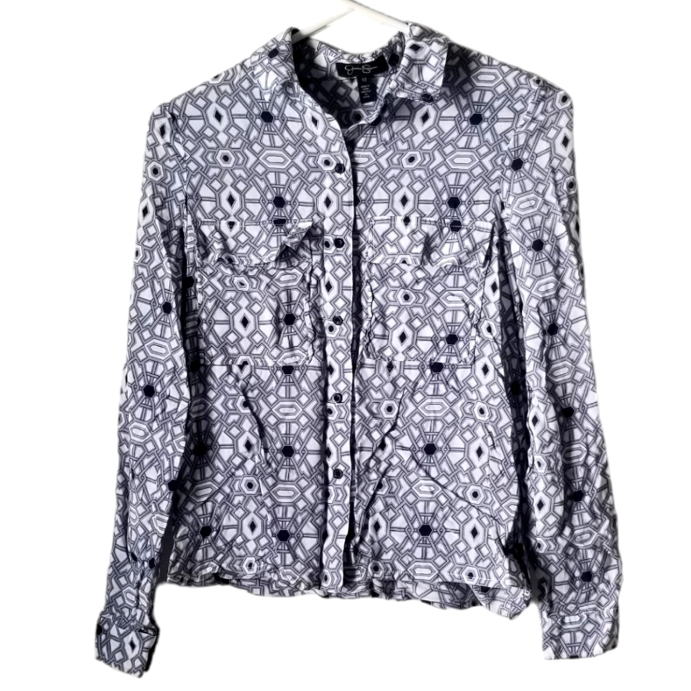 Jessica Simpson Women's Clover Geometric Print Blouse Size XS Gray/Navy